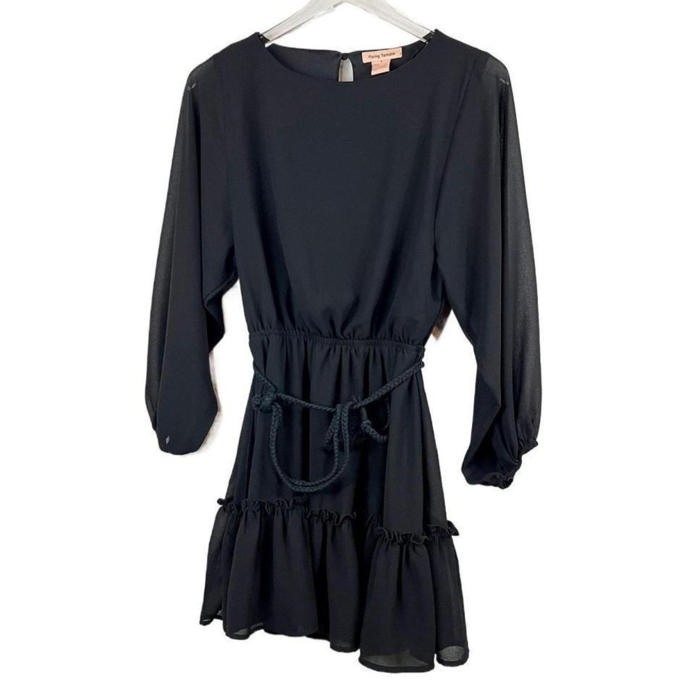 Flying Tomato Black Waist Tie Sheer Long Sleeve Ruffled Shift Dress Size S